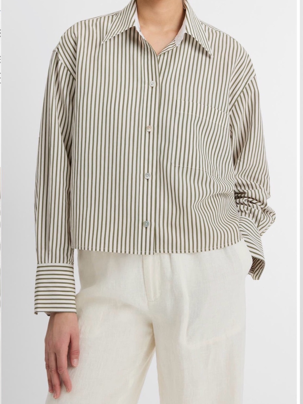 VINCE Olive and White Vertical-Stripe Button-Down Shirt Medium